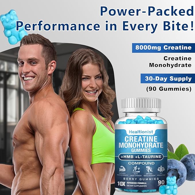 2 Pack 8000MG Creatine HMB Monohydrate Gummies for Men &amp WomenL-Carnitine L-Taurine &amp Vitamin B6 12 180 Blueberry Flavor Counts Supplement Gummies (60-Day Supply)