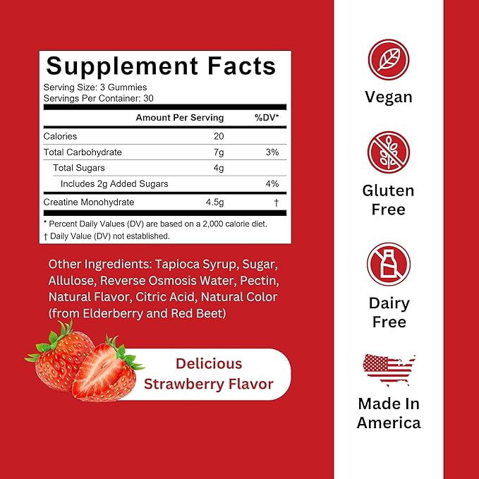 Creatine Monohydrate Gummies - 1.5g of Creatine Per Gummy - Build Muscle Recover Faster Enhance Cognition - Strawberry Flavor - 90ct