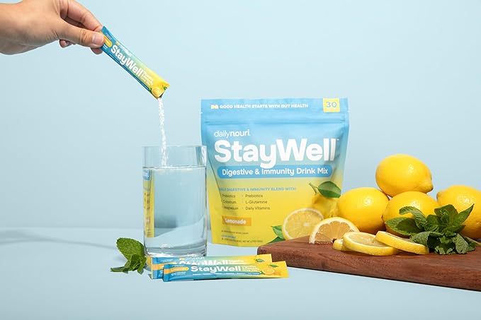 Daily Nouri StayWell Gut Health Drink Mix | Digestive &amp Immune Support Powder | Colostrum + L-Glutamine + Probiotics | Lemonade | 60 Stick Packs