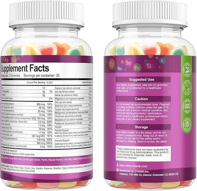 Totaria Sugar Free Womens Multivitamin Gummies with Iron Women's Multivitamin w/Vitamins C D3 K2 B12 B6 Filled Gummies for Daily Nutritional Support| Immune Support| Skin Health Mixed Flavors