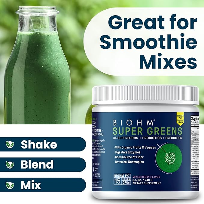 BIOHM Super Greens Green Superfood Powder (8.5 Oz 30 Servings) Antioxidant Veggie Powder &amp Smoothie Mix 34 Superfoods &amp Spirulina Digestive Enzymes Prebiotics and Probiotics Mixed Berry