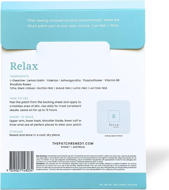 The Patch Remedy Relax Patch | L-Theanine Lemon Balm Valerian Ashwagandha Passionflower | 30 Patches