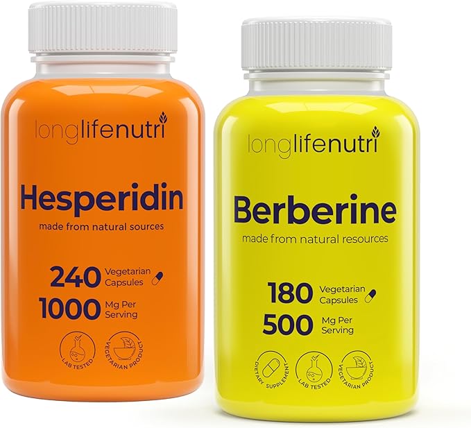 LongLifeNutri Hesperidin 1000 mg (240 Caps) &amp Berberine HCl 500 mg (180 Veg Caps) Bundle – 4–6 Month Supply Bioflavonoid &amp Botanical Alkaloid Non-GMO GMP Certified Made in USA