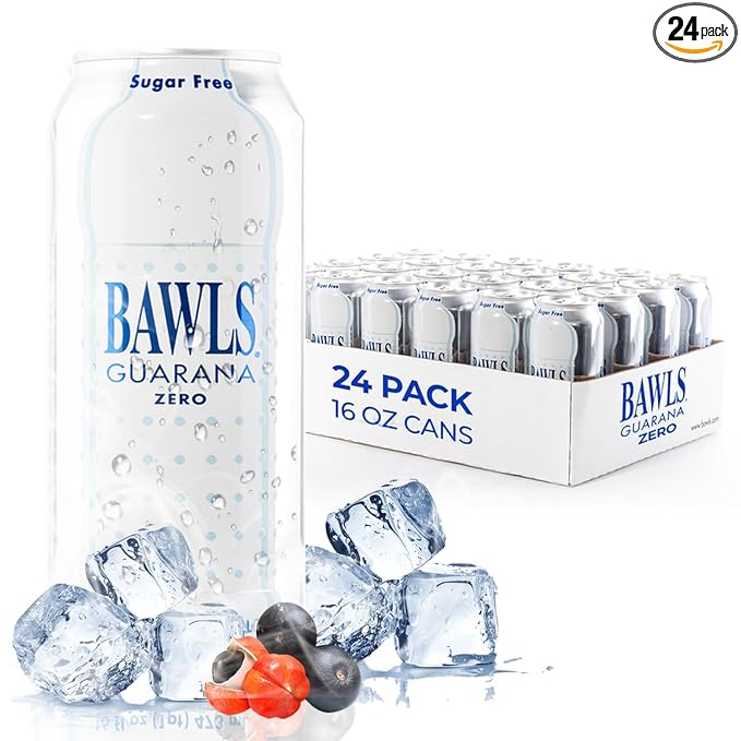 BAWLS Guarana Zero BAWLS Guarana Drink Guarana Soda Guarana Fueled Soda for Energy High Energy Caffeinated Drink 16oz 24 Pack Cans