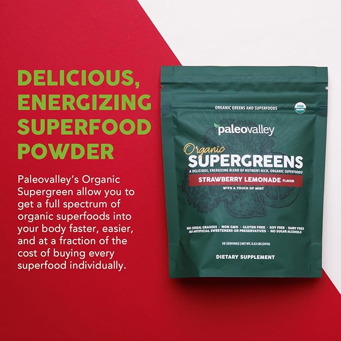 Paleovalley Organic Supergreens - Organic Greens Powder Superfood for Immune Support - Paleo Green Powder Blend - 30 Servings - 23 Superfoods - Gluten Free No Cereal Grasses Soy or Grain