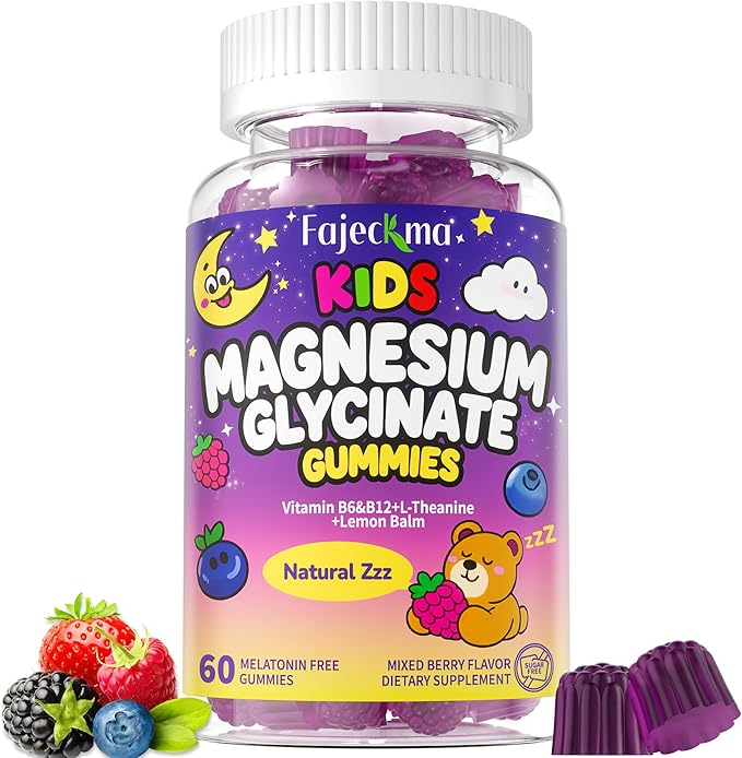 Magnesium Glycinate Gummies for Kids 4+: Sugar Free Chewable Organic Magnesium Gummy with L-Theanine Vitamin B12 B6 D3 Zinc Omega Calcium - Natural Zzz Support Non-GMO Berry Flavor(60Count)