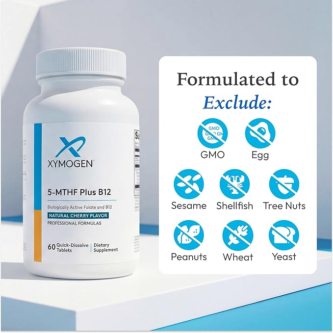 XYMOGEN 5-MTHF Plus B12 - Biologically Active Folate + Methyl B12 (Methylcobalamin) to Support Methylation and Nervous System Health - Great-Tasting Cherry Flavor (60 Quick-Dissolve Tablets)