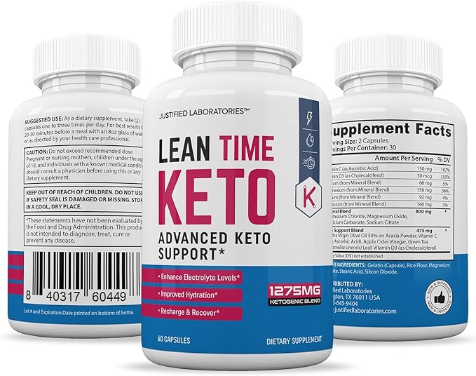 Lean Time Keto Pills 1275MG New &amp Improved Formula Contains Apple Cider Vinegar Extra Virgin Olive Oil Powder Green Tea Leaf 60 Capsules