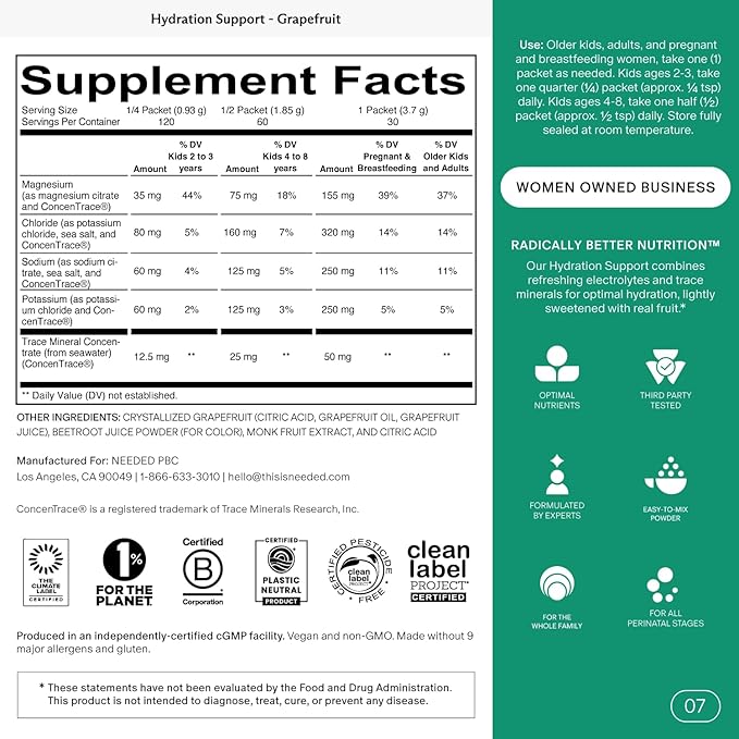 Needed. Hydration Support with Electrolytes &amp Trace Minerals – Electrolytes for Pregnancy &amp During Lactation - 30 Hydration Packets Lightly Sweetened with Real Fruit Grapefruit