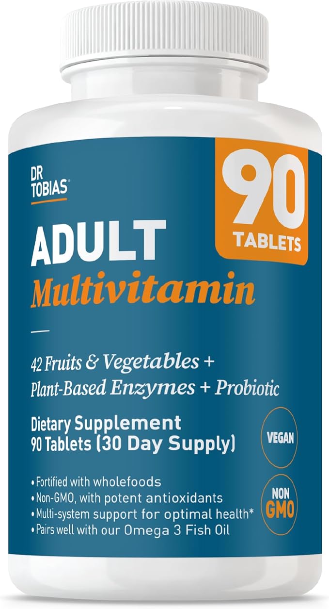 Dr. Tobias Adult Multivitamin for Women &amp Men - Immune Supporting Vitamins from 42 Fruits Vegetables Plus Probiotics Vegan Multivitamins for Men &amp Women - Non-GMO (90 Tablets 30 Servings)