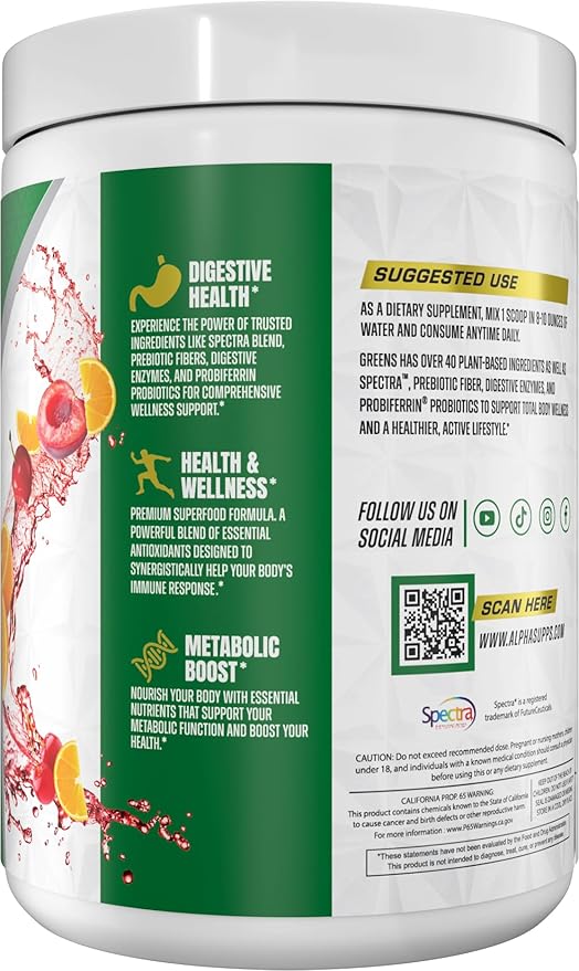 Alpha Supps - Alpha Greens Supplement | Fruit &amp Vegetable Superfood Powder | Over 40 Natural Plant Based Ingredients | Prebiotic &amp Probiotic Digestive Support Blend - 30 Servings (Orange Cherr