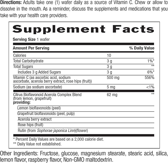 Country Life Acerola Vitamin C Complex 500mg Chewable Berry Flavored Wafers Supports Immune Health 180 Wafers Certified Gluten Free by GFCO  Certified Vegan by AVA