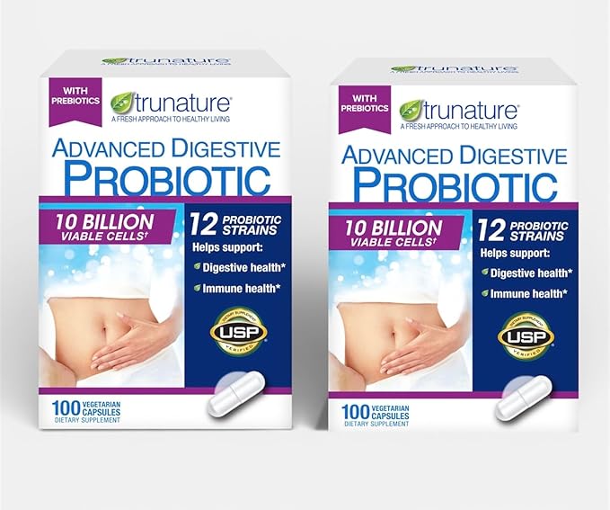 TRU Natures Advanced Digestive Probiotic 10 Billion Viable Cells 12 Strains 100 Vegetarian Capsules2packs-Sold by RCB Supplies