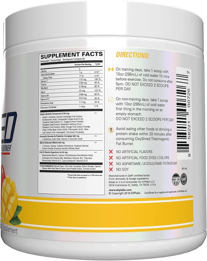 EHP Labs OxyShred Pre Workout Powder - Preworkout Powder with L Glutamine &amp Acetyl L Carnitine Energy Boost Drink - Mango 60 Servings