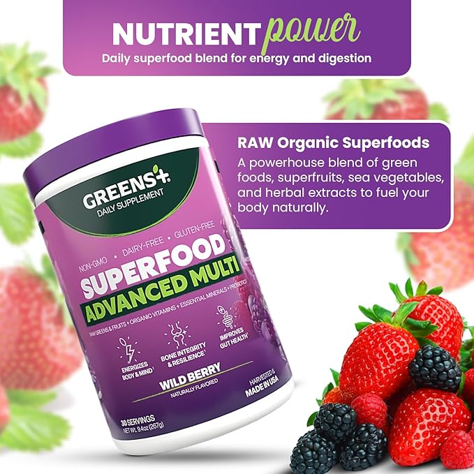 Greens+ Advanced Multi Wild Berry Superfood Powder Organic Blend Vegan Non-GMO Soy-Free Dairy-Free Gluten-Free Dietary Supplement with Vitamins &amp Minerals 9.4 oz