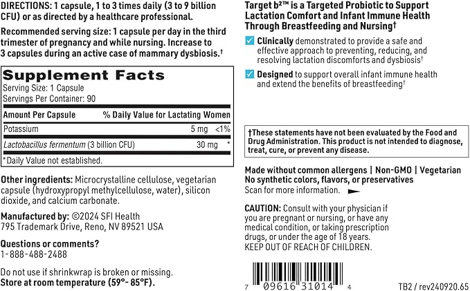 Klaire Labs SFI Health Ther-Biotic Target B2 Breastfeeding Supplement for Lactation Support - Lactobacillus Fermentum Probiotic - Promote Healthy Comfortable Breastfeeding (90 Capsules)