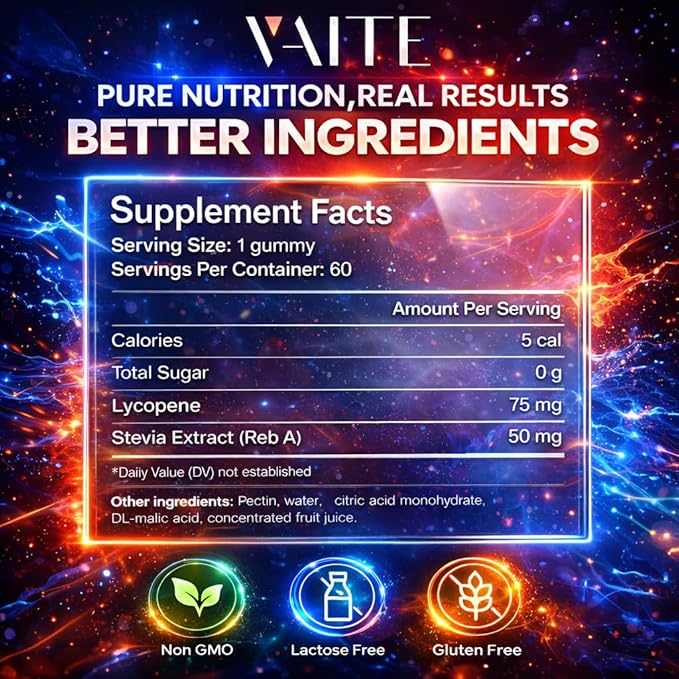VAITE Lycopene Supplements for Men &amp Women 75mg Gummies - Antioxidant | General Wellness | Supports Skin &amp Vision | Daily Vitality | Plant-Based Sugar-Free 60 Vegan Gummy Chews Non-GMO Che