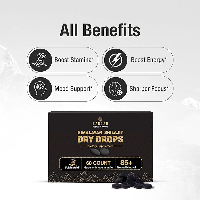Bargad Shilajit Dry Drops | Natural Energy &amp Stamina | 100% Authentic Himalayan Shilajit Resin in Dry Form | Supports Vitality Focus &amp Detox | No Additives or Fillers | 60 Count