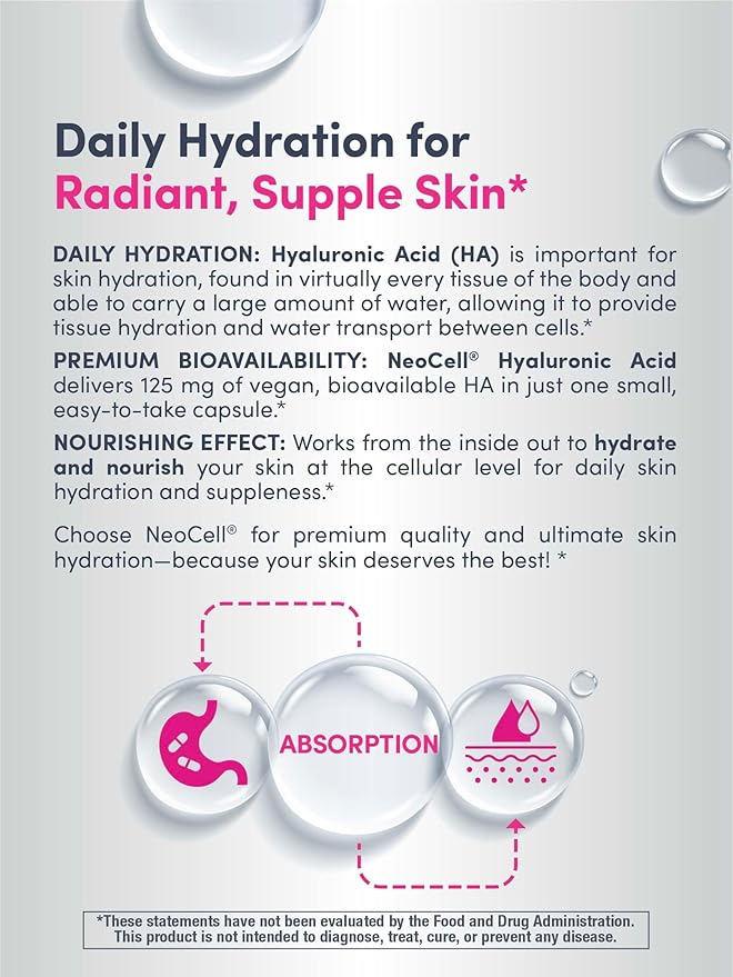 NeoCell Hyaluronic Acid Capsules | 60 Pills | 125 mg | Daily Hydration | Hair Skin &amp Nails | Vegan Supplement