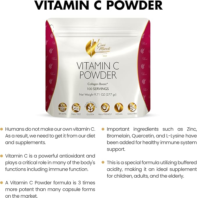 Cocó March N.M.D Vitamin C Powder 1000 mg – Immune Support Supplement with Zinc Bromelain Quercetin &amp L-Lysine Supports Collagen Production Vegan Gluten &amp Dairy Free Keto Friendly 10 oz
