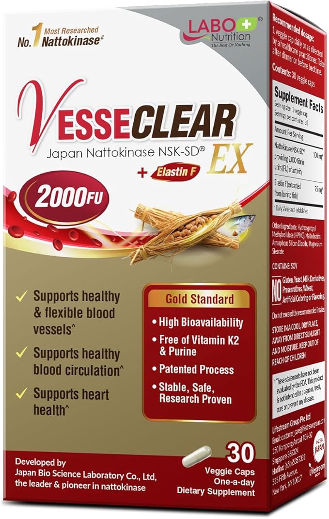 LABO Nutrition VesseCLEAR EX: Nattokinase NSK-SD+Elastin F for Clean &amp Flexible Blood Vessel. Japan's Most Research Proven Functional Dose Acid-Resistant/Delayed Release Capsules