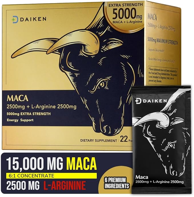 DAIKEN Peruvian Maca Root Powder Extra Strength 15000 mg Gelatinized Black Red Yellow Maca Blend with L-Arginine (2500 mg) for Men and Women Superior Absorption Vegan Lab Tested - 22 Packets
