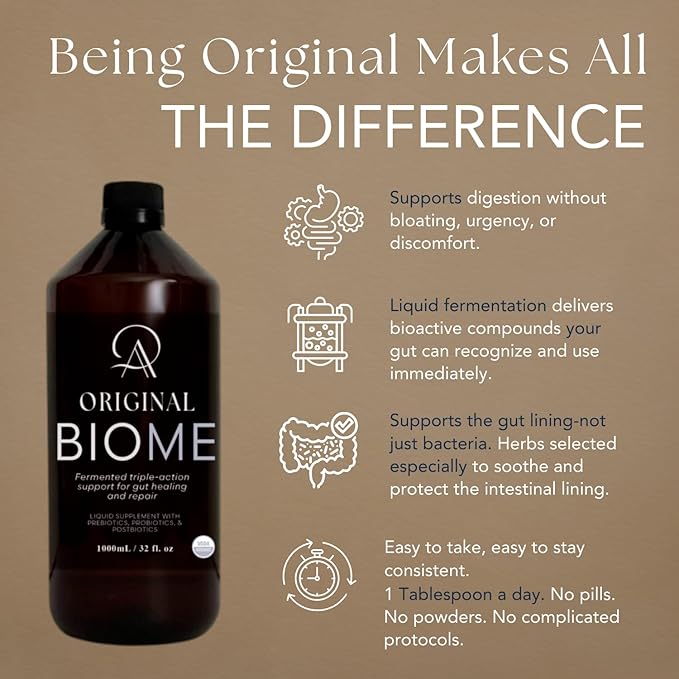 Original Biome Liquid Probiotic Supplement | Certified Organic Tri-Biotic with Prebiotics Probiotics &amp Postbiotics | 10 Probiotic Strains + 10 Fermented Herbs | Slow Fermented | 32 fl oz