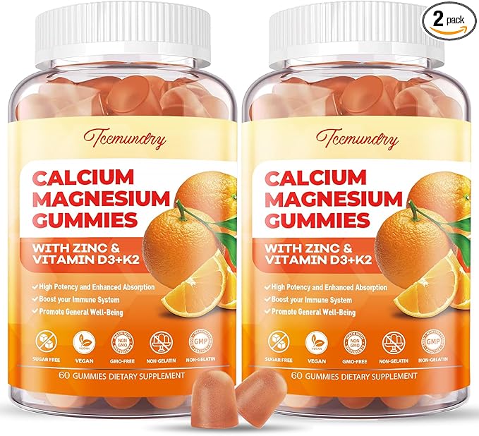 Calcium Magnesium Zinc Gummies with Vitamin D3 &amp K2 - High Absorption Magnesium Glycinate 400mg - Sugar Free Calcium Supplement - Support Nerve Muscle Mood &amp Immunity - for Adults Men Women Ki