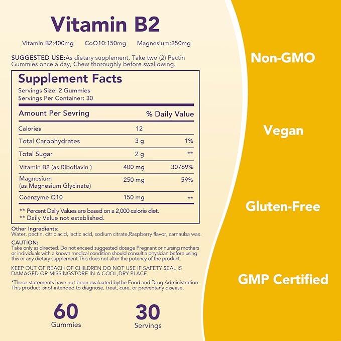 Vitamin B2 Gummies 400mg | Riboflavin 400mg with CoQ10 150mg Magnesium 200mg | B2 Vitamin 400mg for Kids &amp Adults Nervous System &amp Skin Health | 60 Vegan Chewables | Lemon（Pack 2