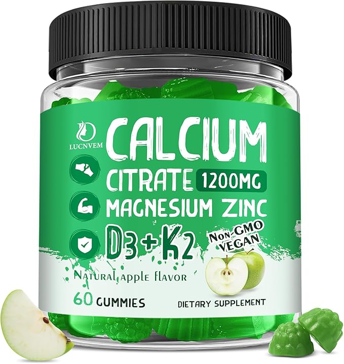 Calcium Citrate 1200 mg with Vitamin D3 Gummies Calcium Citrate Magnesium Zinc with Vitamin D3 Supplement for Women &amp Men Bone &amp Teeth Support Natural Apple Flavor - 30 Day Vegan Supply