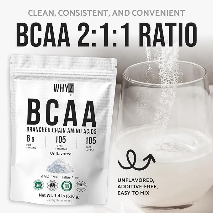 BCAA Powder 2:1:1 Unflavored Branched Chain Amino Acids for Men and Women Pure BCAA Energy Powder for Mixing in Drinks &amp Shakes Non-GMO No-Additives 105 Servings 1.4 lb (630g)