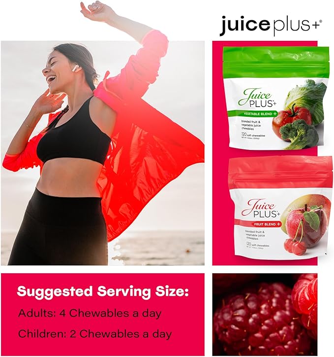JuicePlus+ Fruit &amp Vegetable Blend Soft Chews - Tasty Vegan Fruit Veggie Gummy Vitamins for Adults &amp Kids - 4 Month Supply 4 packs (2 of each flavor)