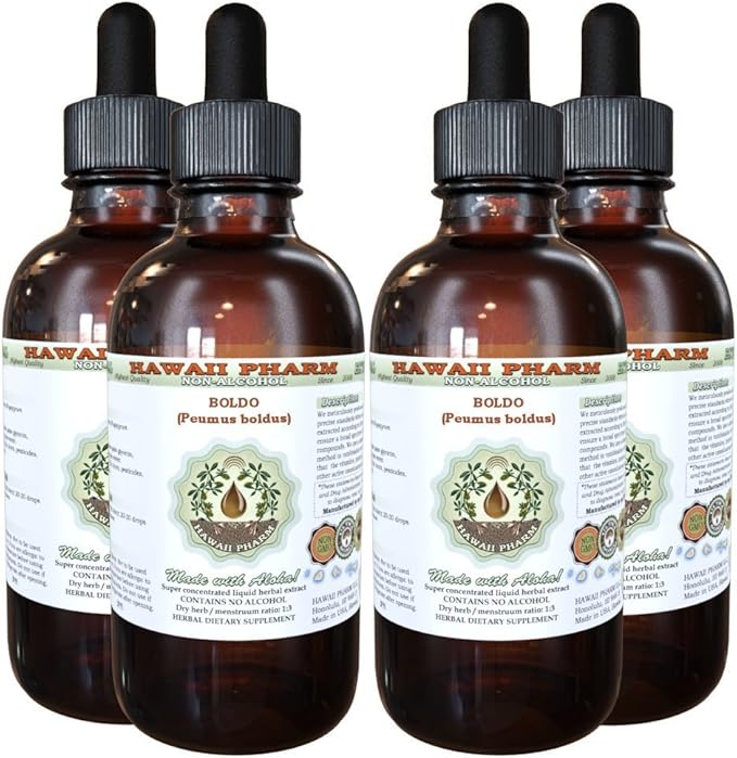 Hawaii Pharm Boldo Alcohol-Free Liquid Extract Boldo (Peumus boldus) Dried Leaf Glycerite Natural Herbal Supplement 4x4 oz