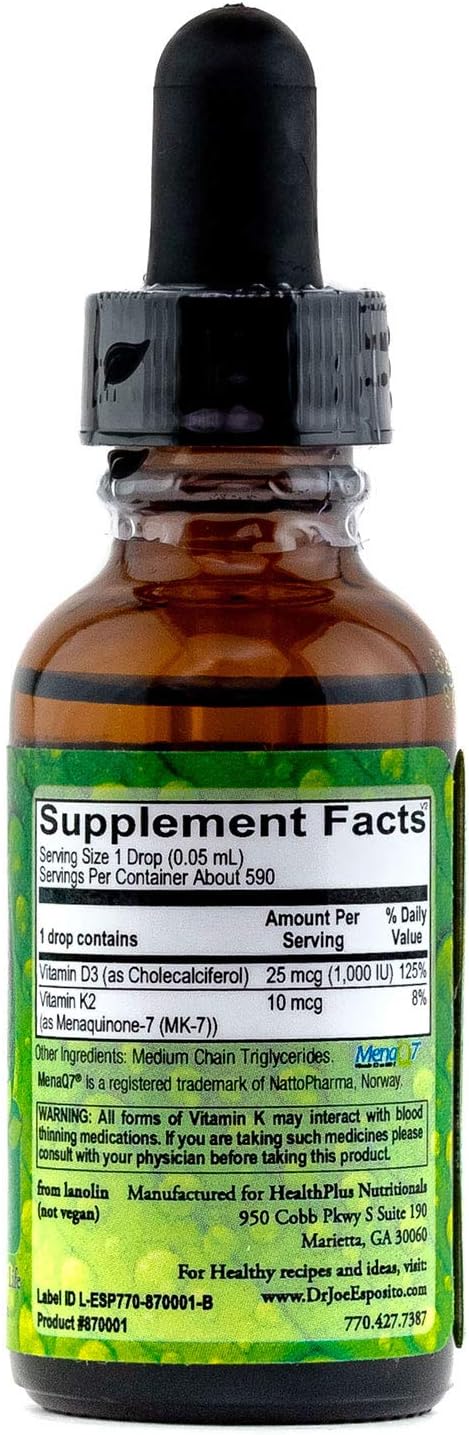 Dr. Joe's Mega Liquid D3 with K2-1000 IU per Drop - Vitamin D3 25mcg Vitamin K2 10mcg