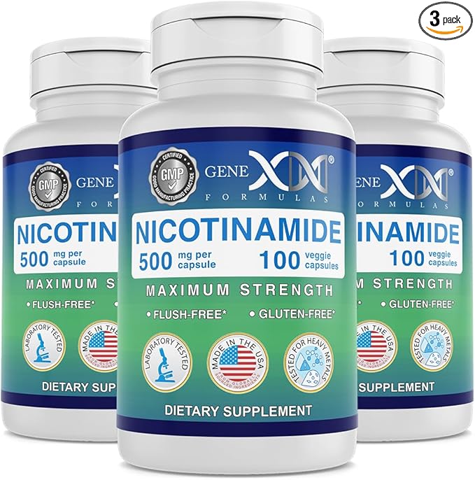 Genex Formulas Nicotinamide 500mg (3-Pack) Vitamin B3 Flush Free Niacin Capsules for Healthy Skin - Niacinamide Supplement Pills help Produce Keratin &amp Support Skin Cell Health &amp Energy (300 C