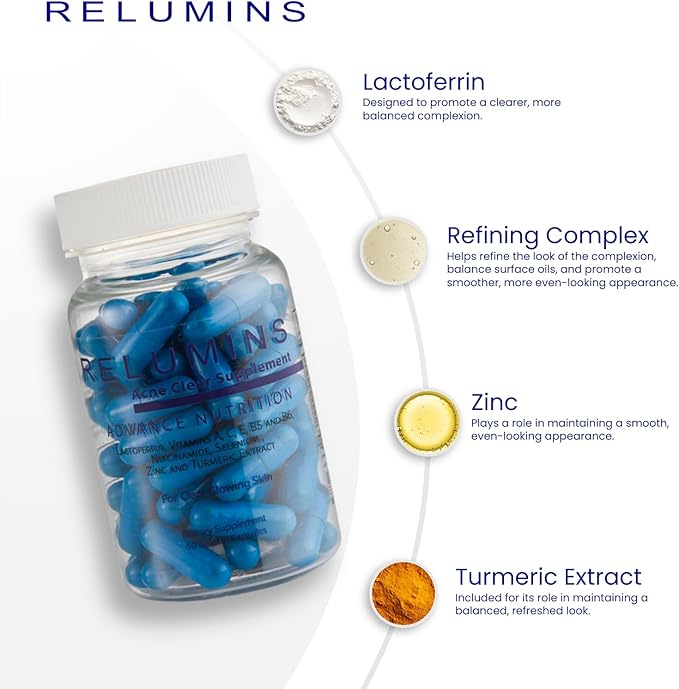 Relumins Oral Acne Pills for Clear Skin Natural Acne Supplement with Lactoferrin Zinc Turmeric Extract &amp Vitamins Balances Oily Skin &amp Smooths Texture Ultimate Wellness Gift for Moms 60