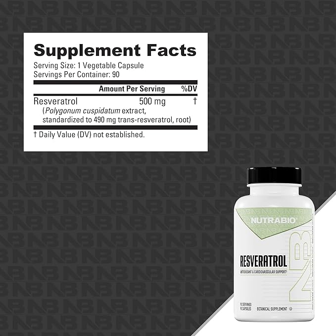 NutraBio 98% Pure Resveratrol Supplement 500mg - Standardized to 490mg Trans Resveratrol Heart Health and Antioxidant Defense - 90 Capsules - 90 Servings