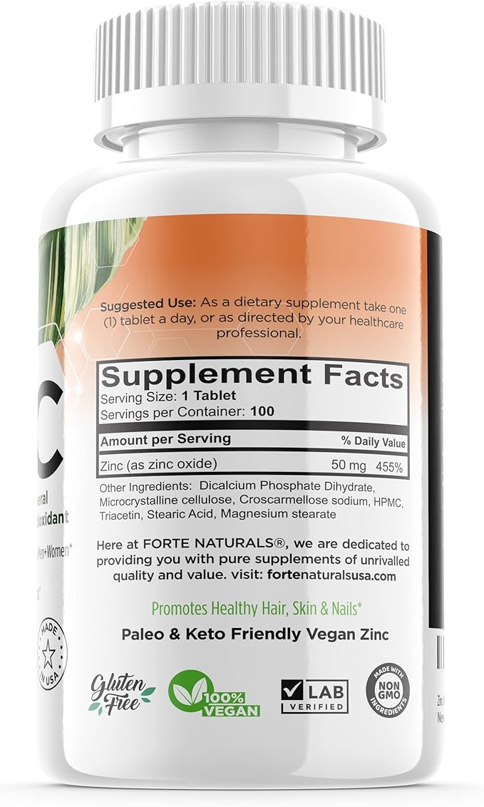 Zinc 50mg (100 Tablets) Specially Formulated for Sensitive Stomach Immune Support Skin &amp Hair Vegan Zinc Supplement Non-GMO Made in USA