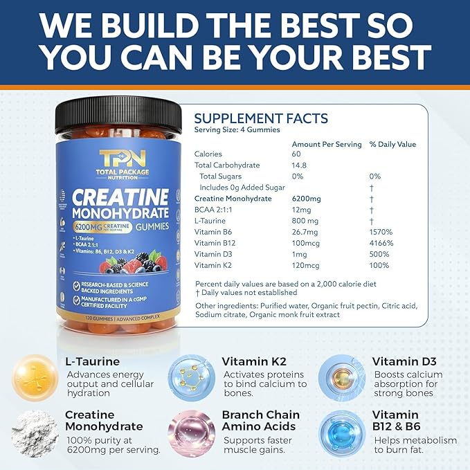 Creatine Monohydrate Gummies 6200mg Creatine plus Taurine BCAA D3 K2 and B Vitamins Best Creatine for Women and Men Pre Workout Gummies Increase Strength Build Muscle Vegan -120 pieces Berry