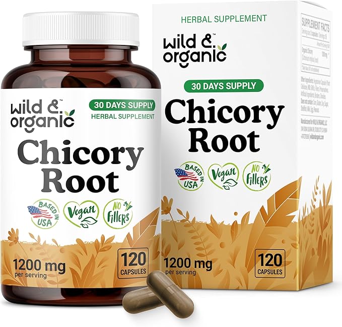 Wild &amp Organic Chicory Root Fiber Capsules - 1200 mg of Chicory Root Powder per Serving - Digestive &amp Gut Support - Inulin Prebiotic Fiber Supplement - Non-GMO Vegan Inulin Capsules - 120 Cou