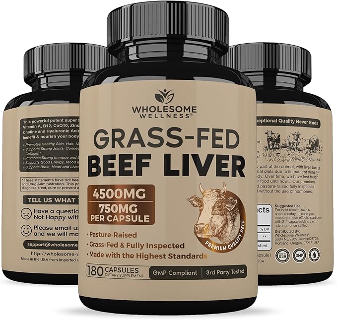 Wholesome Wellness Grass Fed Desiccated Beef Liver Capsules (180 Pills 750mg Each) - Natural Iron Vitamin A B12 for Energy - Raised Undefatted in New Zealand Without Hormones or Chemicals