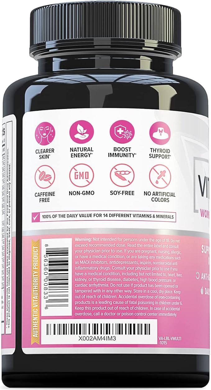 Vitauthority Multivitamin for Women Women’s Daily Multi-Vitamin Supplement with DIM Iodine Ashwagandha Supports Youthful Complexion Healthy Cortisol and Estrogen Balance 30 Day Supply