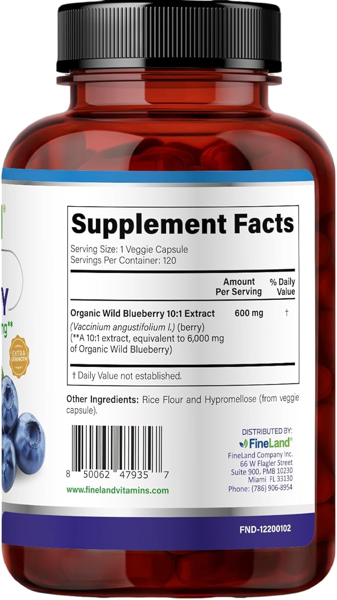 FineLand Wild Blueberry Extract Rich in Flavonoids &amp Anthocyanins Antioxidant Support for Brain &amp Heart Health 4-Month Supply 120 Vegan Capsules Non-GMO Made in USA
