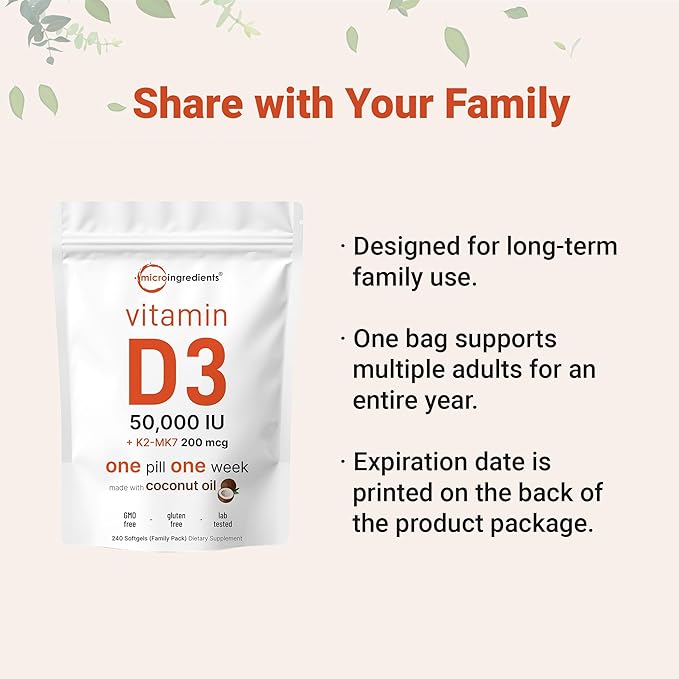 Micro Ingredients Vitamin D3 50000 IU + K2 MK-7 200 mcg 240 Softgels | Virgin Coconut Oil | 2-in-1 Support | Easy to Swallow Non-GMO