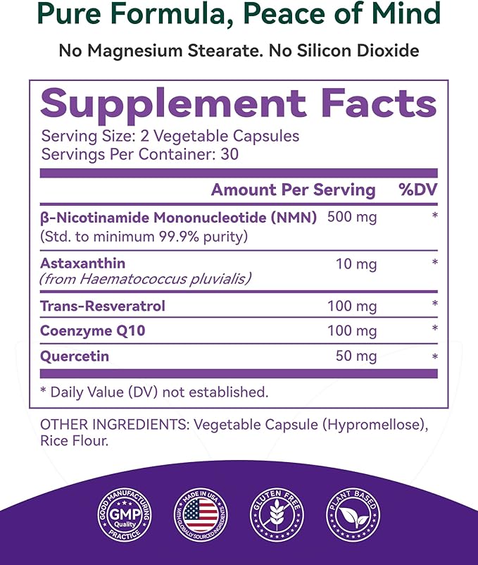 Inner Brightness NMN Supplement 500mg 99.9% High Purity Supports NAD+ Levels &amp Cellular Energy 5-in-1 Formula with Resveratrol &amp Astaxanthin Non-GMO Gluten-Free 60 Capsules