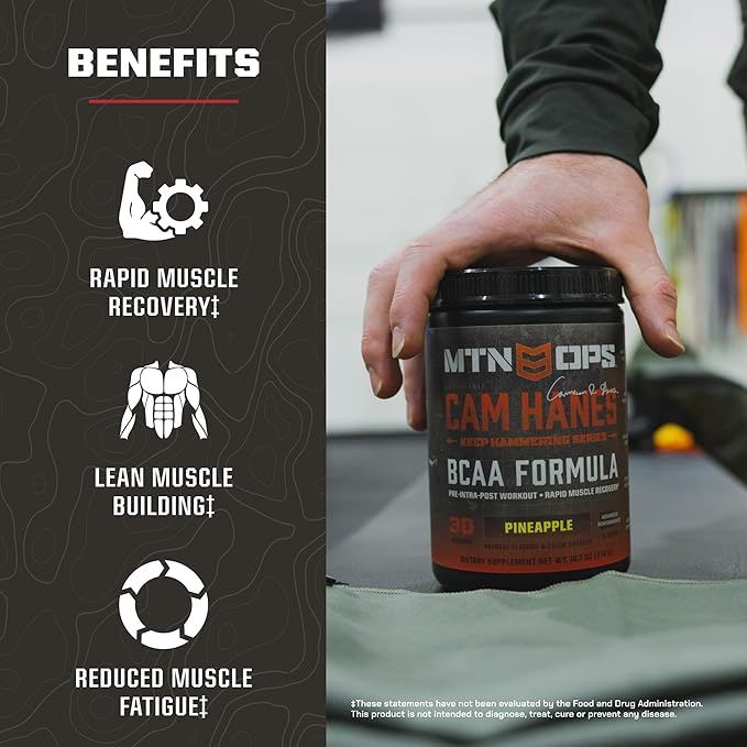 MTN OPS BCAA Powder 2:1:1 Amino Acids Supplement Powder for Rapid Muscle Recovery &amp Repair with Zero Sugar &amp Gluten Free - 30-Servings Pineapple Cameron Hanes Keep Hammering Series