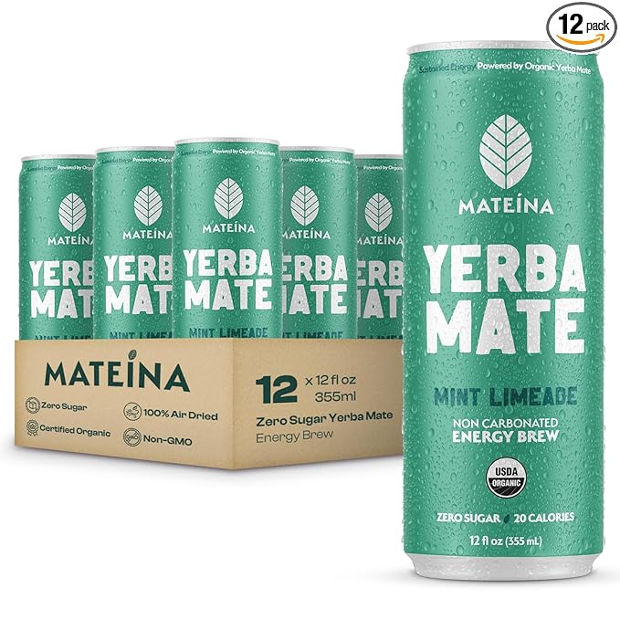 Mateina Yerba Mate Zero Sugar Energy Drink – 120mg Natural Caffeine – Organic Non-GMO Non-Carbonated – Dr. Andrew Huberman Recommended – (12 fl oz Cans 12 Pack) Mint Limeade