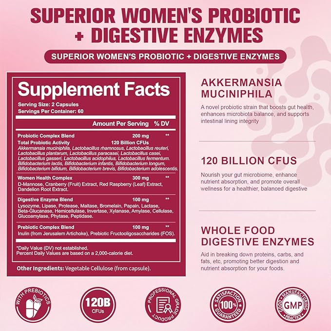 Totaria Probiotics for Women 120 Billion Women Probiotic with Akkermansia Digestive Enzymes &amp Prebiotics Cranberry D-Mannose for Gut Vaginal Urinary Immune PH Balance 120 Vegan Capules