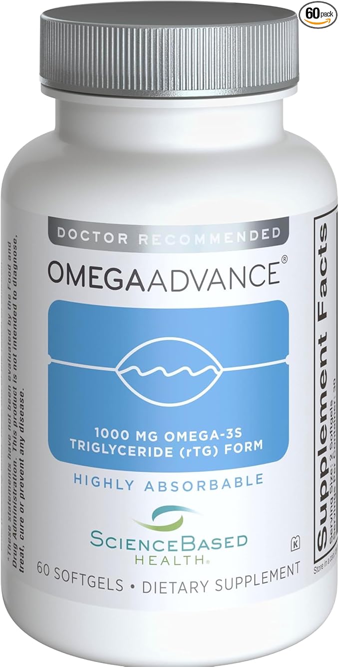 ScienceBased Health OmegaAdvance Omega-3 Fish Oil – Triglyceride Form with 1000 mg EPA &amp DHA – Plus Lutein &amp Zeaxanthin – Supports Heart Brain &amp Eye Health – Lemon Coated – 60 Softgels