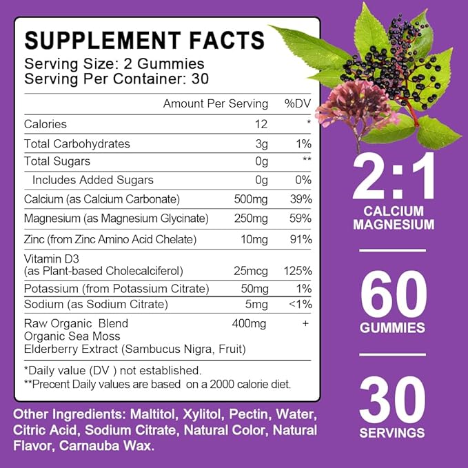 (2 Pack) Sugar Free Calcium Magnesium Zinc Gummies Calcium Magnesium 2:1 Contains Magnesium Glycinate Vitamin D3 Sea Moss for Bones Muscles Calm Mood &amp Sleep Support Vegan 120 Gummies